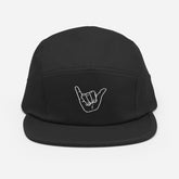 Black 5 panel hat with shaka sign embroidered on front