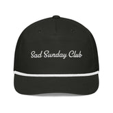 Black embroidered rope hat featuring “Sad Sunday Club” stitched in white cursive text, perfect for surf and casual style enthusiasts.