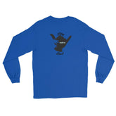 Long sleeve t-shirt in royal blue with a shaka sign on the back