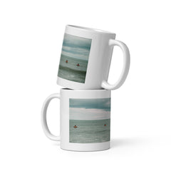 11oz glossy ceramic white surfing mugs stacked on top of each other