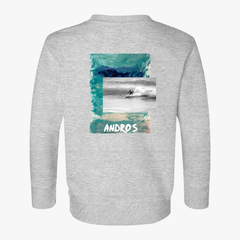 Toddler sweatshirt in heather gray with surf graphic on back.