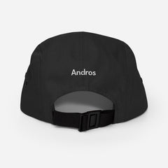 The backside of a black 5 panel hat