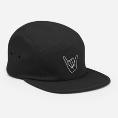 Product image of a black 5 panel hat taken from the right front