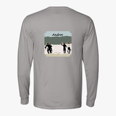 Garment-Dyed Long Sleeve t-shirt in concrete grey with surfers on the backside