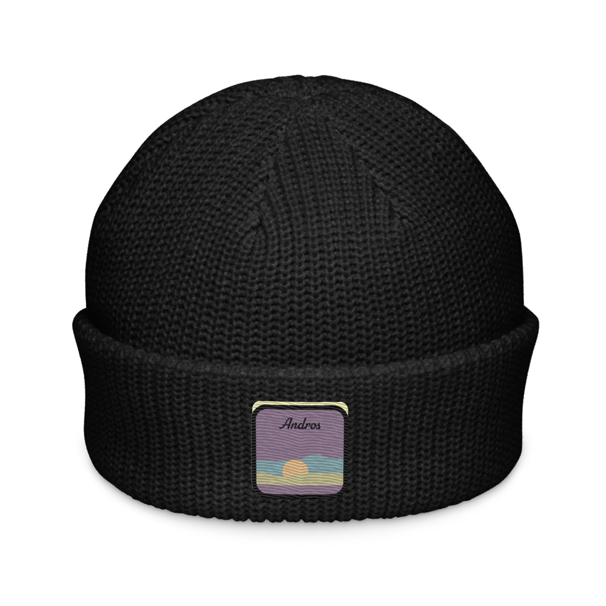 Black fisherman beanie with  beach inspired embroidery 